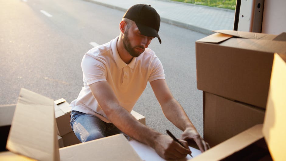A man wearing a black cap, a white polo shirt, and jeans is kneeling on the pavement outside a property during a home relocation. He is in the process of packing or labeling cardboard boxes with handwritten notes, using a black marker. Several sealed and unsealed cardboard boxes are positioned around him, some stacked on top of each other inside or near the doorway. The boxes vary in size and are made of brown corrugated cardboard, with packing materials such as plastic wrap visible on some. The scene is illuminated by natural daylight, casting soft shadows on the ground. This loading process seems part of a professional furniture transport or removals service, likely coordinated by Hammersmith Removals, as part of an organised move inside or from the property. The environment appears to be the entrance area, with the open door revealing a glimpse of the interior, reinforcing a focus on packing and move preparation activity.