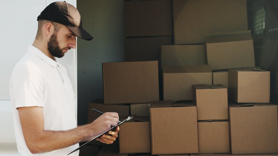 A man dressed in a white polo shirt and a black cap is standing indoors, holding a clipboard and pen, appearing to be taking notes or inspecting. Behind him, there are numerous cardboard boxes stacked on top of each other, some with visible packing tape, indicating an ongoing packing or loading process for a home relocation. The setting features a door or a large opening leading to a storage or loading area, with natural light illuminating the scene. The boxes vary in size and are arranged in a neat stack, suggesting organized packing for a small move. This image reflects the professional packing and furniture transport activities associated with house removals and moving services provided by Hammersmith Removals, supporting the topic of small move logistics and packing preparations.